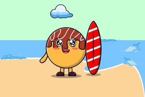 carino cartone animato takoyaki personaggio giocando fare surf vettore