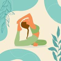 yoga re Piccione posa giovane donna nel rajakapotasana posizione bandiera con botanico le foglie scarabocchio, boho stile, pastello colori. vettore