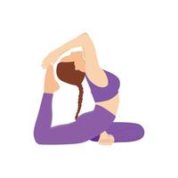 yoga re Piccione posa giovane donna nel rajakapotasana postura. femmina cartone animato personaggio praticante yoga. vettore