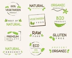 biologico cibo, naturale Prodotto e salutare vita logo, adesivi e distintivi. vettore