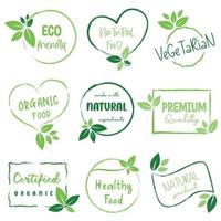 biologico cibo, naturale cibo, salutare cibo e biologico o naturale Prodotto loghi, icona, badge e adesivi collezione per cibo e bevanda mercato, commercio elettronico, biologico prodotti, naturale prodotti promozione. vettore