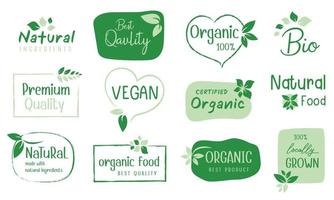 impostato di logo, adesivi e badge per biologico cibo e bere, naturale prodotti, salutare vita, cibo memorizzare e Prodotto promozione. vettore