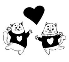 carino paio amorevole gatti con grande cuore. vettore illustrazione nel scarabocchio stile. per disegno, arredamento, Stampa, san valentino carta.