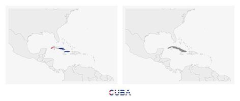 Due versioni di il carta geografica di Cuba, con il bandiera di Cuba e evidenziato nel buio grigio. vettore