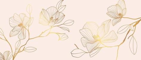 lusso floreale d'oro linea arte sfondo. elegante pendenza oro magnolia fiori modello sfondo. design illustrazione per decorativo, carta, casa arredamento, invito, confezione, Stampa, coperchio, striscione. vettore
