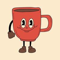 retrò tazza di caffè 30s cartone animato portafortuna personaggio -. anni 40, anni '50, 60s vecchio animazione stile. mano disegnato moderno vettore illustrazione . isolato caffè elemento
