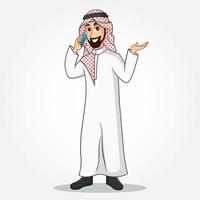 Arabo uomo d'affari cartone animato personaggio nel tradizionale Abiti A proposito di su inteligente Telefono e Esprimere a gesti mano vettore