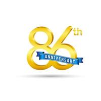 86th d'oro anniversario logo con blu nastro isolato su bianca sfondo. 3d oro anniversario logo vettore