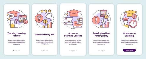sfide di aziendale apprendimento onboarding mobile App schermo. Procedura dettagliata 5 passaggi modificabile grafico Istruzioni con lineare concetti. ui, ux, gui modello vettore