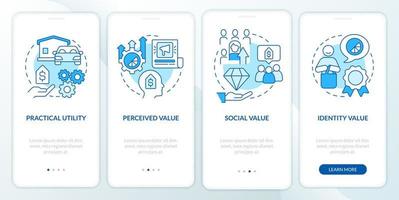 Prodotto valori blu onboarding mobile App schermo. attività commerciale Procedura dettagliata 4 passaggi modificabile grafico Istruzioni con lineare concetti. ui, ux, gui modello vettore
