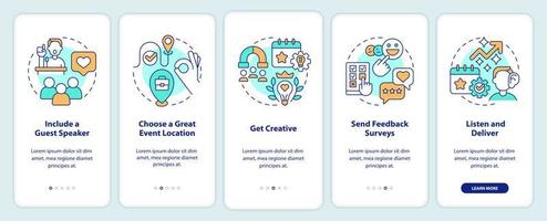 crescente attività commerciale eventi presenza onboarding mobile App schermo. Procedura dettagliata 5 passaggi modificabile grafico Istruzioni con lineare concetti. ui, ux, gui modello vettore