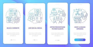 ristorante marketing idee blu pendenza onboarding mobile App schermo. Procedura dettagliata 4 passaggi grafico Istruzioni con lineare concetti. ui, ux, gui modello vettore