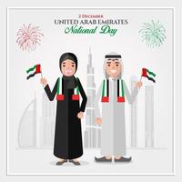 Emirati Arabi Uniti nazionale giorno saluto carta. cartone animato emirati bambini Tenere Emirati Arabi Uniti nazionale bandiera festeggiare unito arabo Emirates nazionale giorno vettore