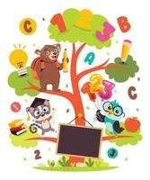 formazione scolastica albero con cartone animato animali vettore