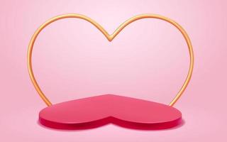 3d illustrazione di cuore sagomato rosa piattaforma con un' cuore sagomato d'oro metallico telaio dietro. palcoscenico per Prodotto Schermo su rosa sfondo adatto per La madre di o San Valentino vendita vettore