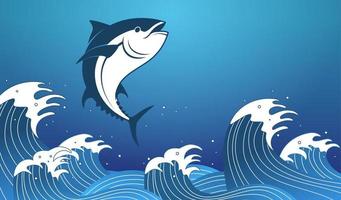piatto stile illustrazione di un' rosso tonno salto su a partire dal forte onde spruzzi acqua attraverso il mare su blu sfondo vettore