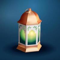 metallo fanoo, fanous o Ramadan lanterna a partire dal elevato Visualizza illuminante verde leggero nel 3d illustrazione isolato blu sfondo. religioso decorazione per islamico vacanze vettore