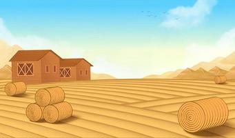 incisione stile azienda agricola scenario. inciso illustrazione di raccolto mucchi di fieno nel davanti di fienili su il Grano campo durante giorno vettore