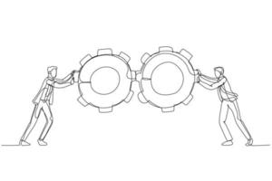 cartone animato di uomo d'affari spingendo ingranaggi ruota concetto di attività commerciale squadra opera. uno linea arte stile vettore