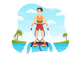 flyboard illustrazione con persone equitazione Jet imballare nel estate spiaggia vacanze nel piatto estremo acqua sport attività cartone animato mano disegnato modelli vettore