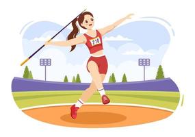 giavellotto lancio atleta illustrazione utilizzando un' lungo lancia sagomato attrezzo per gettare nel gli sport attività piatto cartone animato mano disegnato modello vettore