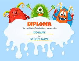 bambini diploma con cartone animato divertente mostro personaggi. formazione scolastica premio telaio modello per scuola, estate campo o scuola materna certificato. vettore certificato con mostri.