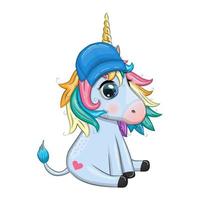 carino unicorno cartone animato indossare un' cappello, pronto per partire carattere. estate, mare, palma alberi, spiaggia vettore