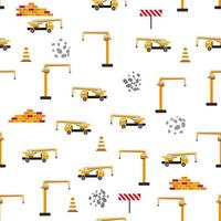 carino infantile senza soluzione di continuità modello con giallo auto cumulo di rifiuti camion, gru, calcestruzzo miscelatore. costruzione luogo illustrazione nel cartone animato stile vettore