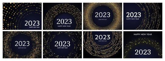 2023 contento nuovo anno di oro luccichio modello nel cerchio modulo. impostato di astratto oro raggiante mezzitoni tratteggiata sfondi per Natale vacanza saluto carta su buio sfondo. vettore illustrazione