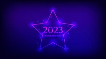 2023 contento nuovo anno neon sfondo. neon telaio nel stella modulo con splendente effetti e scintille per Natale vacanza saluto carta, volantini o manifesti. vettore illustrazione