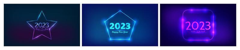2023 contento nuovo anno neon sfondo. impostato di tre neon fondali con diverso geometrico montatura con splendente effetti e iscrizione contento nuovo anno. buio sfondo per Natale vettore