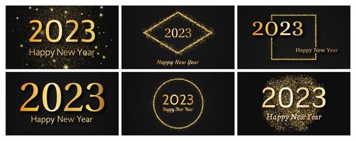 2023 contento nuovo anno oro sfondo. impostato di astratto oro fondali con un' iscrizione contento nuovo anno su buio per Natale vacanza saluto carta, volantini o manifesti. vettore illustrazione