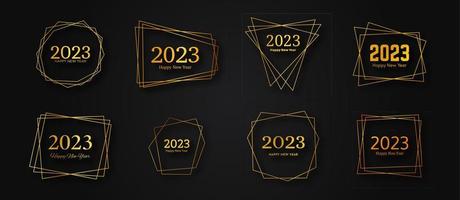 impostato di 2023 contento nuovo anno oro geometrico poligonale sfondi. oro geometrico poligonale telaio con splendente effetti per Natale vacanza saluto carta, volantini o manifesti. vettore illustrazione