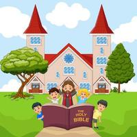 cartone animato Gesù con bambini nel un' Chiesa vettore