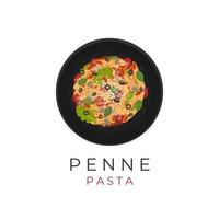 illustrazione logo di penne pasta con speziato pomodoro salsa verdura basilico e grattugiato formaggio vettore