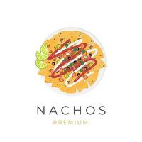 nachos illustrazione logo sormontato con tritato carne e delizioso salsa vettore