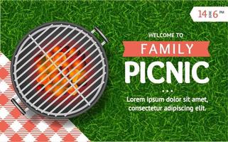 realistico dettagliato 3d barbecue griglia e famiglia picnic Annunci bandiera concetto manifesto carta. vettore