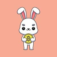 carino coniglio Tenere bitcoin cartone animato portafortuna scarabocchio arte mano disegnato schema concetto vettore kawaii icona illustrazione