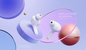 senza fili nel orecchio cuffie anno Domini. 3d illustrazione di un nel orecchio auricolari visualizzato nel davanti di galleggiante dischi su leggero viola sfondo
