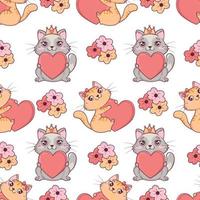 senza soluzione di continuità modello con kawaii carino San Valentino gatti con cuori e fiori per San Valentino giorno vettore