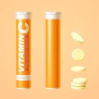 3d vitamina c effervescente tavoletta tubi modello e giallo compresse isolato su leggero arancia sfondo vettore