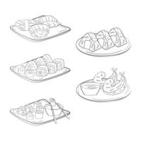 impostato di Sushi, onigiri e gamberetto su piatti, linea arte. vettore illustrazione su un' bianca sfondo.