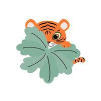 carino tigre bambino sembra su a partire dal dietro a un' cespuglio. vettore illustrazione di selvaggio animale nel infantile cartone animato piatto stile.