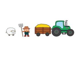 vettore illustrazione mano disegnato colore bambini trattore fieno vettore con contadino e pecora