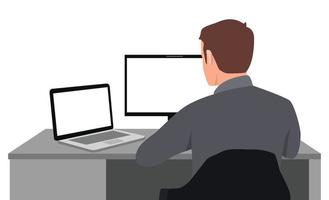 giovane uomo Lavorando su un' computer e il computer portatile. Due dispositivi. multitasking. Visualizza a partire dal il suo Indietro. piatto vettore illustrazione isolato su bianca sfondo