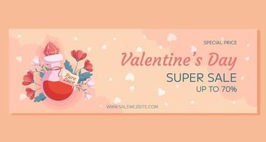 st. San Valentino giorno orizzontale super vendita bandiera modello design. amore pozione bottiglia concetto illustrazione con rosso e rosa fiori dietro a esso. speciale prezzo in linea acquisti, decorativo nuvole, cuori vettore