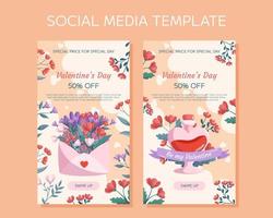 San Valentino giorno verticale sociale media storie modello design. rosa Aperto avvolgere, rosso fiori verde foglie, pozione bottiglia, floreale telaio. speciale prezzo concetto in linea shopping decorativo nuvole cuori vettore