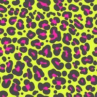 leopardo Stampa senza soluzione di continuità modello. neon ghepardo pelle 80 anni 90 design. nero e rosa macchie su luminosa giallo sfondo. vettore