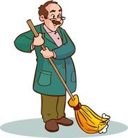 uomo nel uniforme pulizia il pavimento con un' scopa cartone animato vettore