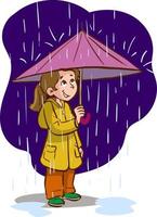 ragazza con ombrello nel piovoso tempo metereologico cartone animato vettore